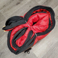 Med Quilt Stable Blanket, 2 legs *gc, clean, tears, v. cracked/missing leather, mnr threads, faded
