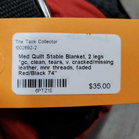 Med Quilt Stable Blanket, 2 legs *gc, clean, tears, v. cracked/missing leather, mnr threads, faded
