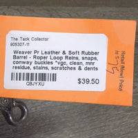 Pr Leather & Soft Rubber Barrel - Roper Loop Reins, snaps, conway buckles *vgc, clean, mnr residue, stains, scratches & dents
