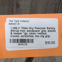 1 ONLY Thick Hvy Peacock Safety Stirrup Iron, sandpaper grip, elastic & keeper *gc, clean, residue, cracks, scratches, too big grip
