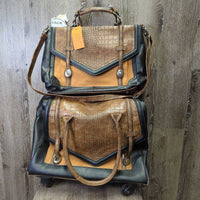 Travel Set: Suede & Tooled Leather Breifcase, Shoulder Strap & Rolling Luggage/Travel Bag *vgc, clean, rubs, dirty, scraped & holey corners
