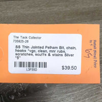 SS Thin Jointed Pelham Bit, chain, hooks *vgc, clean, mnr rubs, scratches, scuffs & stains
