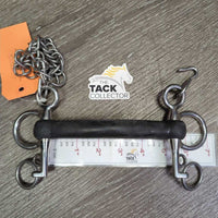 SS Curved Hard Rubber Mullen Mouth Pelham Bit, chain, hooks *vgc, clean, rubs, residue, faded
