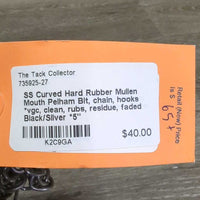 SS Curved Hard Rubber Mullen Mouth Pelham Bit, chain, hooks *vgc, clean, rubs, residue, faded
