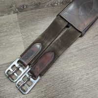 Padded Leather Girth, x2 els, d ring *gc, older, clean, cuts, rubs, scuffs, els pills/frays/snags
