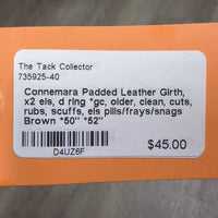Padded Leather Girth, x2 els, d ring *gc, older, clean, cuts, rubs, scuffs, els pills/frays/snags
