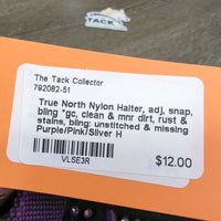Nylon Halter, adj, snap, bling *gc, clean & mnr dirt, rust & stains, bling: unstitched & missing
