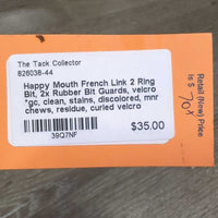 French Link 2 Ring Bit, 2x Rubber Bit Guards, velcro *gc, clean, stains, discolored, mnr chews, residue, curled velcro
