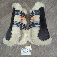 Open Front Boots, tabs, fleece *gc, clean, clumpy, faded, scrapes, scratches, mnr stains
