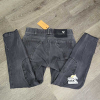 EuroSeat Denim Breeches *gc, puckered & faded seams, faded, stripes, mnr hairy velcro, older
