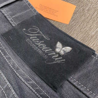 EuroSeat Denim Breeches *gc, puckered & faded seams, faded, stripes, mnr hairy velcro, older
