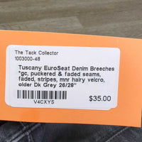 EuroSeat Denim Breeches *gc, puckered & faded seams, faded, stripes, mnr hairy velcro, older
