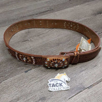 Tooled Bling Leather Belt, Leather Covered Belt Buckle, Bling, tag *new
