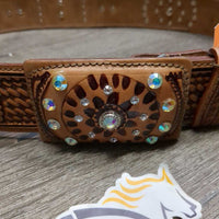 Tooled Bling Leather Belt, Leather Covered Belt Buckle, Bling, tag *new
