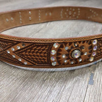 Tooled Bling Leather Belt, Leather Covered Belt Buckle, Bling, tag *new
