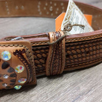 Tooled Bling Leather Belt, Leather Covered Belt Buckle, Bling, tag *new

