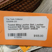 Tooled Bling Leather Belt, Leather Covered Belt Buckle, Bling, tag *new
