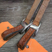 Narrow Light Short Tooled Leather Western Split Reins, Conway Buckles *like new/xc, mnr stains, dent, twist & rubs

