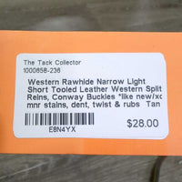 Narrow Light Short Tooled Leather Western Split Reins, Conway Buckles *like new/xc, mnr stains, dent, twist & rubs
