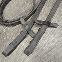 FS Rsd Thick Braided Reins, stoppers *gc, v.dirty, faded, rubs, scrapes, mismatched stoppers
