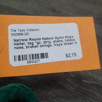 Narrow Round Hollow Nylon Rope Halter, tag *gc, dirty, stains, folded nose, broken strings, frays
