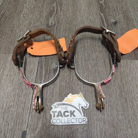 Western Rowel Spurs, Plain Leather & Bling Straps *gc/fair, rusty, glued on beads, dirt, scuffs, peeling beads, missing bling
