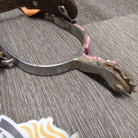 Western Rowel Spurs, Plain Leather & Bling Straps *gc/fair, rusty, glued on beads, dirt, scuffs, peeling beads, missing bling

