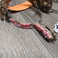 Western Rowel Spurs, Plain Leather & Bling Straps *gc/fair, rusty, glued on beads, dirt, scuffs, peeling beads, missing bling
