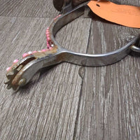 Western Rowel Spurs, Plain Leather & Bling Straps *gc/fair, rusty, glued on beads, dirt, scuffs, peeling beads, missing bling
