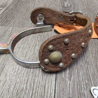 Western Rowel Spurs, Plain Leather & Bling Straps *gc/fair, rusty, glued on beads, dirt, scuffs, peeling beads, missing bling
