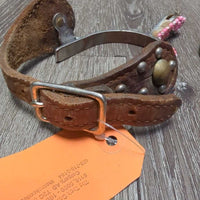 Western Rowel Spurs, Plain Leather & Bling Straps *gc/fair, rusty, glued on beads, dirt, scuffs, peeling beads, missing bling
