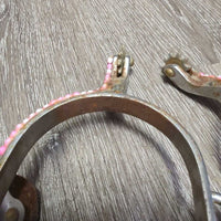 Western Rowel Spurs, Plain Leather & Bling Straps *gc/fair, rusty, glued on beads, dirt, scuffs, peeling beads, missing bling
