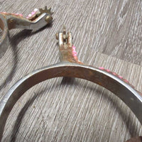 Western Rowel Spurs, Plain Leather & Bling Straps *gc/fair, rusty, glued on beads, dirt, scuffs, peeling beads, missing bling
