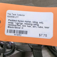 Padded Nylon Halter, bling, adj, snap *vgc/gc, missing bling, residue/film, mnr hair, dirt, rubs, tear
