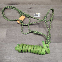 Stiff Nylon Rope Halter, attached Nylon Lead Rope *gc, dirt, hair, rubs, frays, unconnected ends, stains
