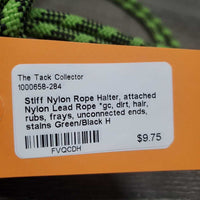 Stiff Nylon Rope Halter, attached Nylon Lead Rope *gc, dirt, hair, rubs, frays, unconnected ends, stains
