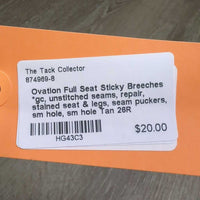 Full Seat Sticky Breeches *gc, unstitched seams, repair, stained seat & legs, seam puckers, sm hole, sm hole
