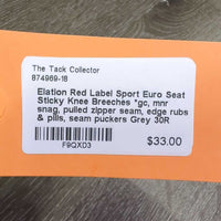 Euro Seat Sticky Knee Breeches *gc, mnr snag, pulled zipper seam, edge rubs & pills, seam puckers
