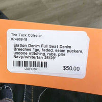 Full Seat Denim Breeches *gc, faded, seam puckers, undone stitching, rubs, pills
