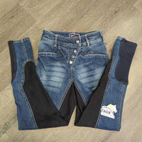 Full Seat Denim Breeches, bling *vgc, seam rubs & puckers, curled & folded pockets, folded inner waist, mnr pulled seam
