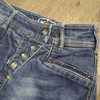 Full Seat Denim Breeches, bling *vgc, seam rubs & puckers, curled & folded pockets, folded inner waist, mnr pulled seam
