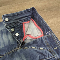 Full Seat Denim Breeches, bling *vgc, seam rubs & puckers, curled & folded pockets, folded inner waist, mnr pulled seam
