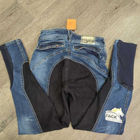 Full Seat Denim Breeches, bling *vgc, seam rubs & puckers, curled & folded pockets, folded inner waist, mnr pulled seam
