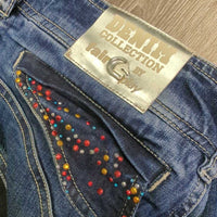 Full Seat Denim Breeches, bling *vgc, seam rubs & puckers, curled & folded pockets, folded inner waist, mnr pulled seam
