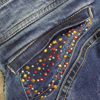 Full Seat Denim Breeches, bling *vgc, seam rubs & puckers, curled & folded pockets, folded inner waist, mnr pulled seam
