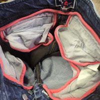 Full Seat Denim Breeches, bling *vgc, seam rubs & puckers, curled & folded pockets, folded inner waist, mnr pulled seam
