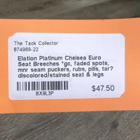 Euro Seat Breeches *gc, faded spots, mnr seam puckers, rubs, pills, tar? discolored/stained seat & legs
