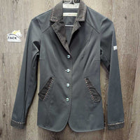 Show Jacket, Micro Suede Trim, Zippers, Snaps, bling *gc, snags, stained cuffs, dirty sleeve, seam puckers
