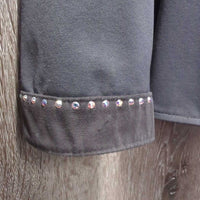 Show Jacket, Micro Suede Trim, Zippers, Snaps, bling *gc, snags, stained cuffs, dirty sleeve, seam puckers
