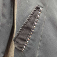 Show Jacket, Micro Suede Trim, Zippers, Snaps, bling *gc, snags, stained cuffs, dirty sleeve, seam puckers
